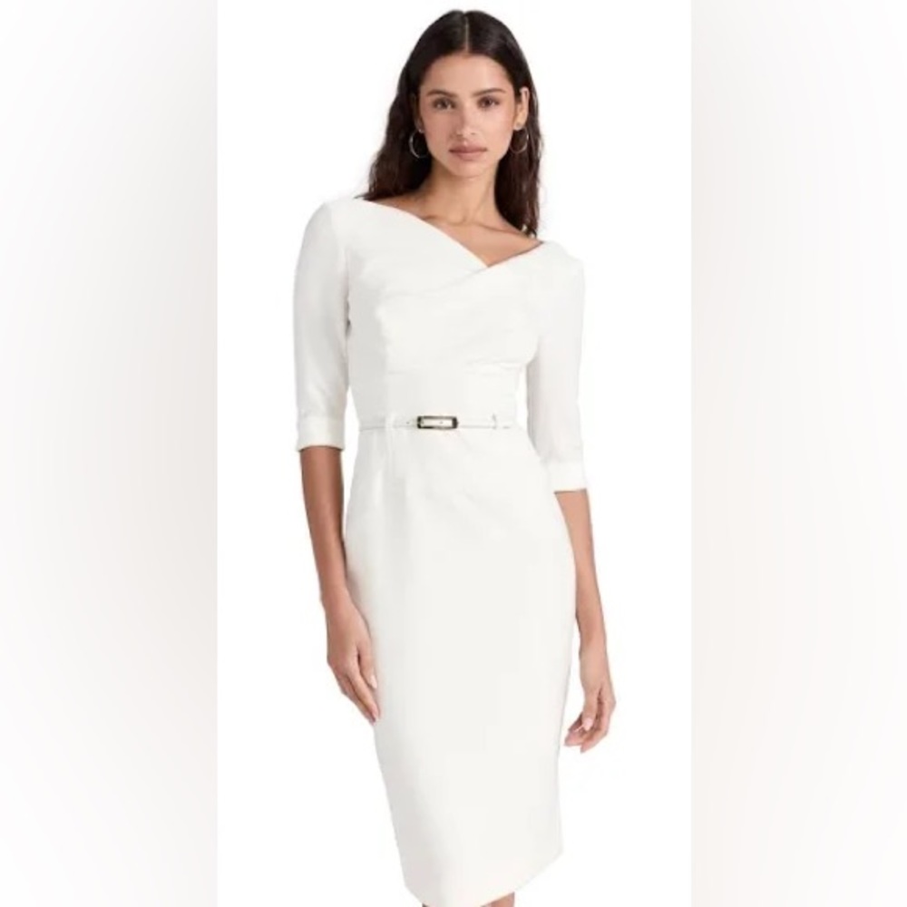 Black Halo White Midi Sheath Dress with Belt